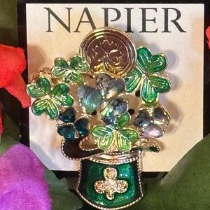 Napier Jewelry Brooch St Patrick's Day Top Hat & Four Leaf Clover Brooch